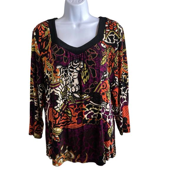 Chico’s‎ Travelers Black Modern Print Top Size 2 Large Slinky Knit Statement - Picture 1 of 10